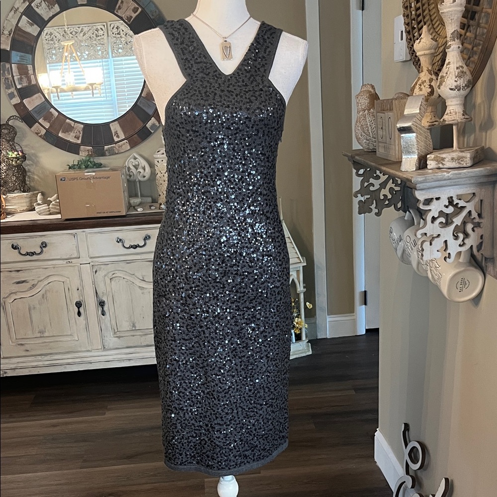 Ann Taylor Black Sequin Midi Sheath Dress